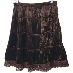 Womens Brown Velvet Skirt S Y2K Sequined Lace Whimsygoth Lux Preppy Tier Cowgirl